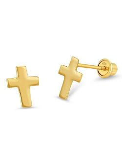 14k Gold Plated Brass Plain Cross Screwback Baby Girls Earrings with Sterling Silver Post