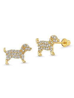 14k Gold Plated Brass Puppy Cubic Zirconia Screwback Baby Girls Earrings with Sterling Silver Post