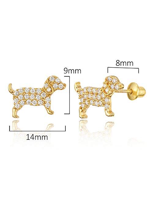 Lovearing 14k Gold Plated Brass Puppy Cubic Zirconia Screwback Baby Girls Earrings with Sterling Silver Post