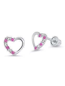 925 Sterling Silver Rhodium Plated Pink Open Heart Cubic Zirconia Screwback Baby Girls Earrings