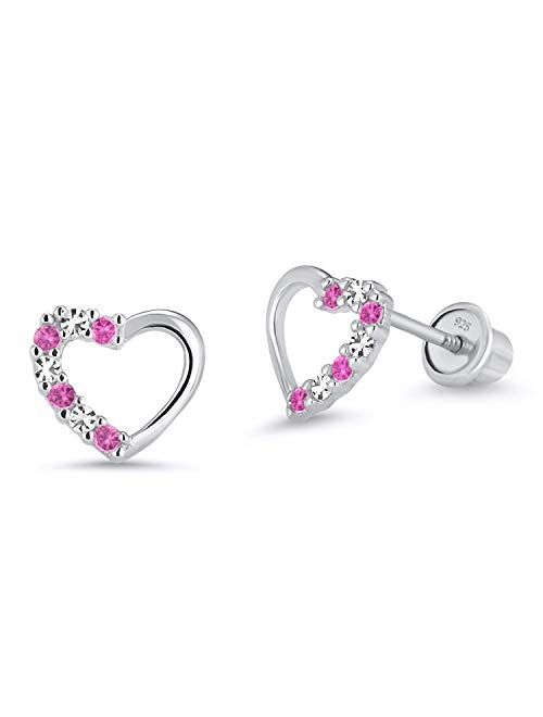 Lovearing 925 Sterling Silver Rhodium Plated Pink Open Heart Cubic Zirconia Screwback Baby Girls Earrings