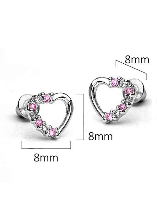 Lovearing 925 Sterling Silver Rhodium Plated Pink Open Heart Cubic Zirconia Screwback Baby Girls Earrings
