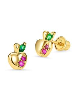 14k Gold Plated Brass Apple Cubic Zirconia Screwback Baby Girls Earrings with Sterling Silver Post