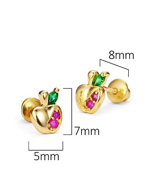 Lovearing 14k Gold Plated Brass Apple Cubic Zirconia Screwback Baby Girls Earrings with Sterling Silver Post
