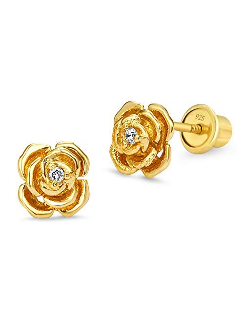 Lovearing 14k Gold Plated Brass Rose Cubic Zirconia Screwback Baby Girls Earrings with Sterling Silver Post