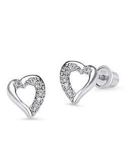 925 Sterling Silver Rhodium Plated Open Heart Cubic Zirconia Screwback Baby Girls Earrings