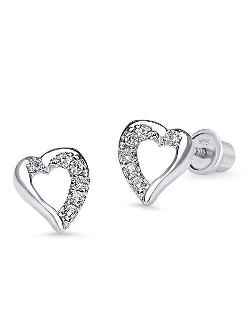 Lovearing 925 Sterling Silver Rhodium Plated Open Heart Cubic Zirconia Screwback Baby Girls Earrings