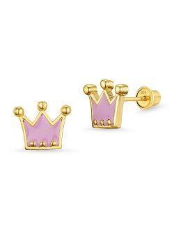 14k Gold Plated Enamel Princess Crown Baby Girls Screwback Earrings with Sterling Silver Post