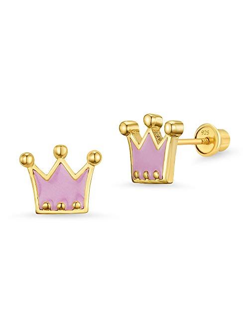 Lovearing 14k Gold Plated Enamel Princess Crown Baby Girls Screwback Earrings with Sterling Silver Post
