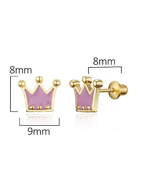 Lovearing 14k Gold Plated Enamel Princess Crown Baby Girls Screwback Earrings with Sterling Silver Post