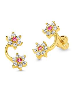 14k Gold Plated Brass Flower Cubic Zirconia Screwback Baby Girls Earrings with Sterling Silver Post