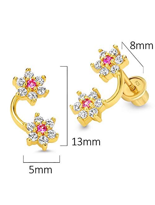 Lovearing 14k Gold Plated Brass Flower Cubic Zirconia Screwback Baby Girls Earrings with Sterling Silver Post