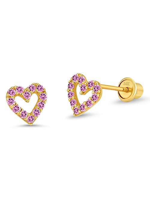 Lovearing 14k Yellow Gold Open Heart Cubic Zirconia Children Screwback Baby Girls Earrings
