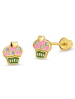 14k Gold Plated Enamel Cupcake Baby Girls Screwback Earrings with Sterling Silver Post