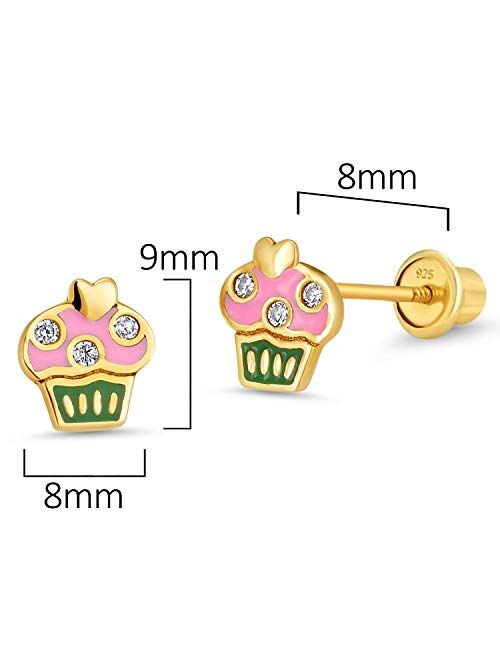 Lovearing 14k Gold Plated Enamel Cupcake Baby Girls Screwback Earrings with Sterling Silver Post