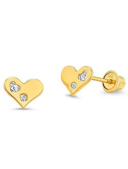 14k Yellow Gold Heart Cubic Zirconia Children Screwback Baby Girls Stud Earrings