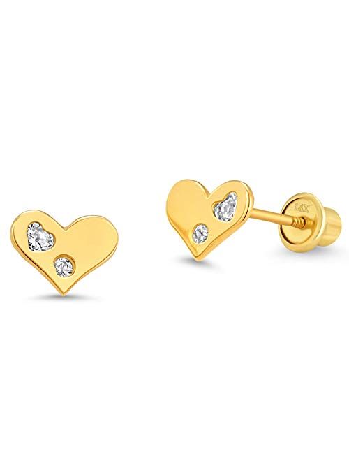 Lovearing 14k Yellow Gold Heart Cubic Zirconia Children Screwback Baby Girls Stud Earrings