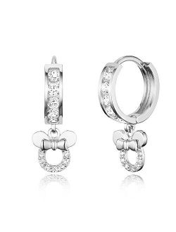 925 Sterling Silver Rhodium Plated Channel CZ Mouse Baby Girl Hoop Huggie Earrings