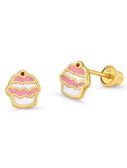 14k Gold Plated Enamel Cupcake Baby Girls Screwback Earrings with Sterling Silver Post