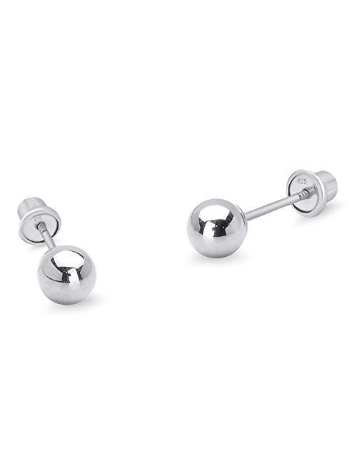 Lovearing 925 Sterling Silver Rhodium Plated 3-6mm Plain Hollow Silver Ball Screwback Baby Girls Earrings