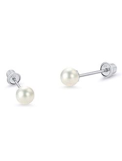 925 Sterling Silver Rhodium Plated Simulated Pearl Screwback Baby Girls Earrings
