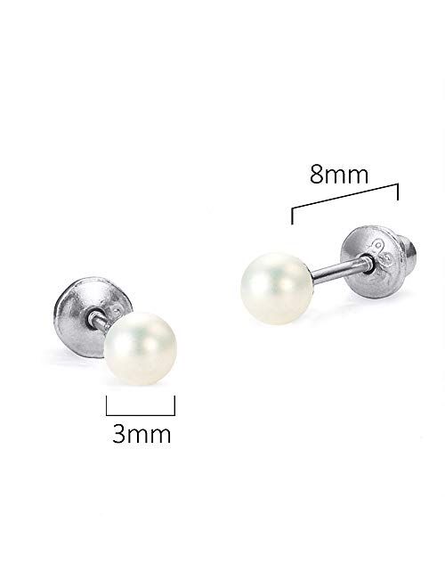 Lovearing 925 Sterling Silver Rhodium Plated Simulated Pearl Screwback Baby Girls Earrings