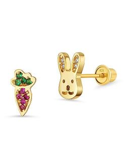 14k Gold Plated Brass Rabbit Carrot Cubic Zirconia Screwback Girls Earrings with Silver Post