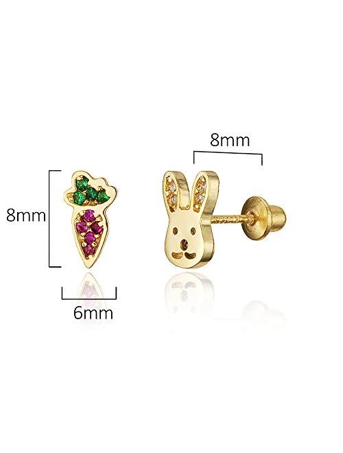 Lovearing 14k Gold Plated Brass Rabbit Carrot Cubic Zirconia Screwback Girls Earrings with Silver Post