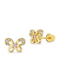 14k Gold Plated Brass Butterfly Cubic Zirconia Screwback Girls Earrings with Sterling Silver Post