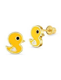 14k Gold Plated Enamel Chick Baby Girls Screwback Earrings with Sterling Silver Post