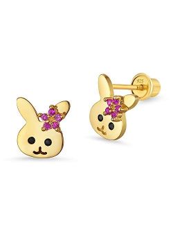 14k Gold Plated Brass Rabbit Cubic Zirconia Screwback Baby Girls Earrings with Sterling Silver Post