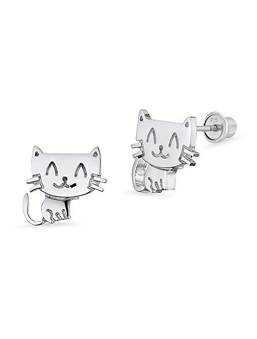 Lovearing 925 Sterling Silver Rhodium Plated Happy Cat Screwback Baby Girls Earrings
