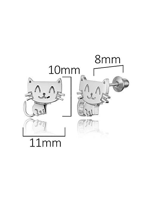 Lovearing 925 Sterling Silver Rhodium Plated Happy Cat Screwback Baby Girls Earrings
