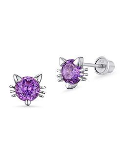 925 Sterling Silver Rhodium Plated Purple Cat Cubic Zirconia Screwback Baby Girls Earrings