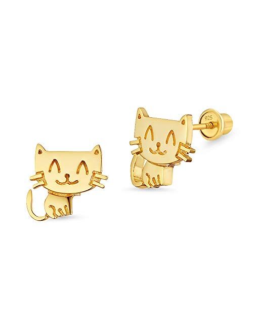 Lovearing 14k Gold Plated Brass Baby Happy Cat Screwback Baby Girls Earrings with Sterling Silver Post