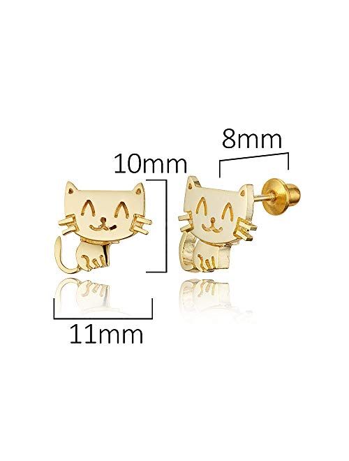 Lovearing 14k Gold Plated Brass Baby Happy Cat Screwback Baby Girls Earrings with Sterling Silver Post