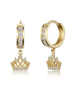 14k Gold Plated Brass Princess Crown Channel Cz Huggy Baby Girls Hoop Earrings