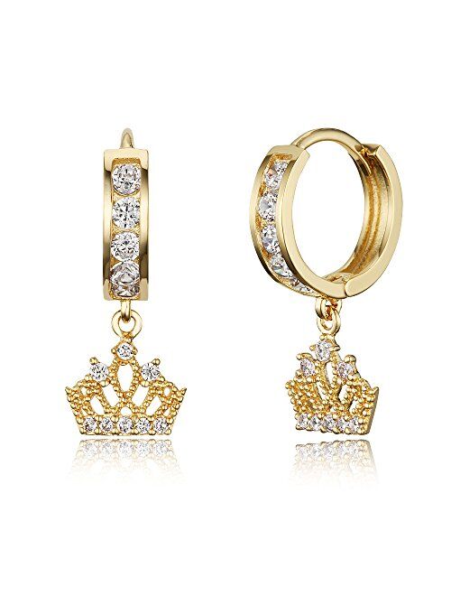 Lovearing 14k Gold Plated Brass Princess Crown Channel Cz Huggy Baby Girls Hoop Earrings