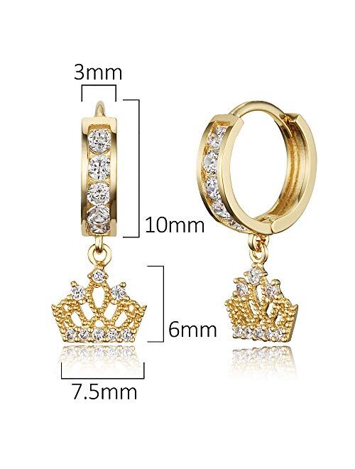 Lovearing 14k Gold Plated Brass Princess Crown Channel Cz Huggy Baby Girls Hoop Earrings