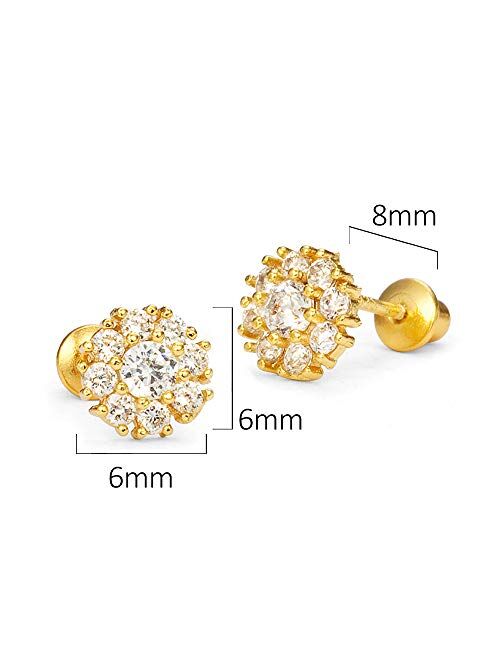 Lovearing 14k Gold Plated Brass Flower Cubic Zirconia Screwback Baby Girls Earrings with Sterling Silver Post