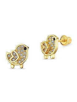 14k Gold Plated Brass Chick Cubic Zirconia Screwback Baby Girls Earrings with Sterling Silver Post