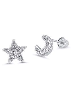 925 Sterling Silver Rhodium Plated Moon and Star Cubic Zirconia Screwback Baby Girls Earrings