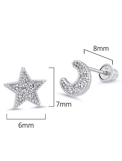 Lovearing 925 Sterling Silver Rhodium Plated Moon and Star Cubic Zirconia Screwback Baby Girls Earrings