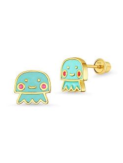 14k Gold Plated Enamel Jelly Fish Baby Girls Screwback Earrings with Sterling Silver Post