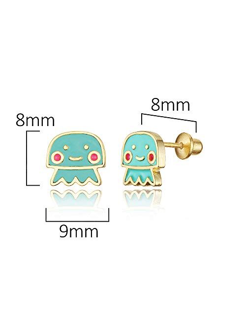 Lovearing 14k Gold Plated Enamel Jelly Fish Baby Girls Screwback Earrings with Sterling Silver Post