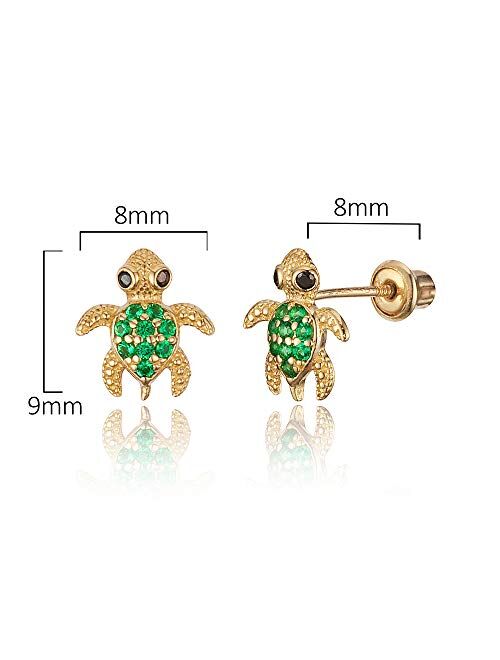 Lovearing 14k Yellow Gold Turtle Cubic Zirconia Children Screwback Baby Girls Stud Earrings