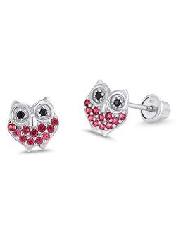 925 Sterling Silver Rhodium Plated Red Owl Cubic Zirconia Screwback Baby Girls Earrings