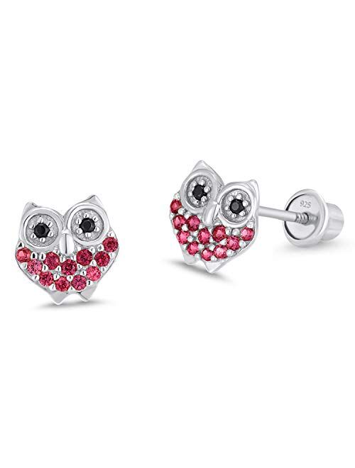 Lovearing 925 Sterling Silver Rhodium Plated Red Owl Cubic Zirconia Screwback Baby Girls Earrings