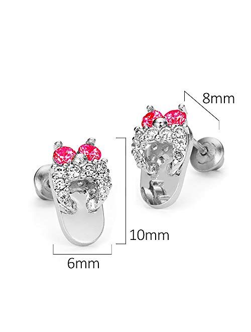 Lovearing 925 Sterling Silver Rhodium Plated Red Sandle Cubic Zirconia Screwback Baby Girls Earrings