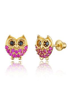 14k Gold Plated Brass Red Owl Cubic Zirconia Screwback Baby Girls Earrings with Sterling Silver Post